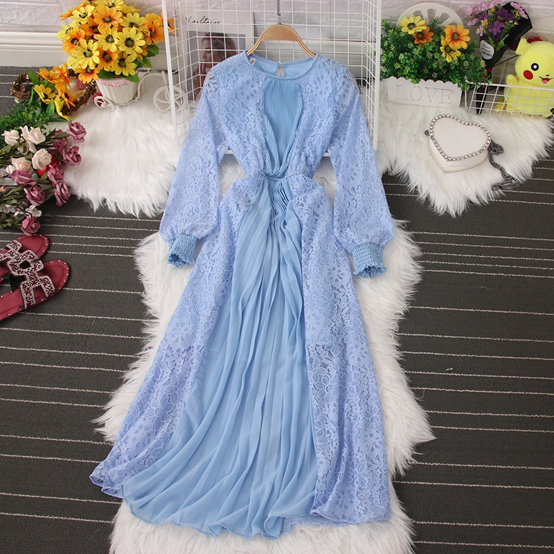 Elegant style dress round neck chiffon lace hollow stitching pleated skirt dress