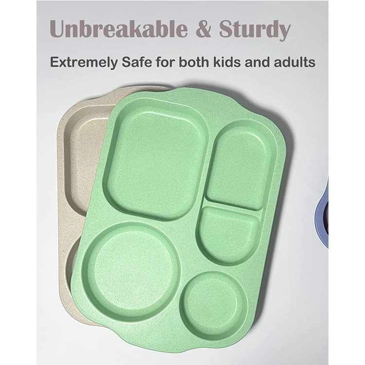 Unbreakable Divided Plates Wheat Straw Tray Large Fast Food Tray for Toddlers Adults Children Lightweight Plates