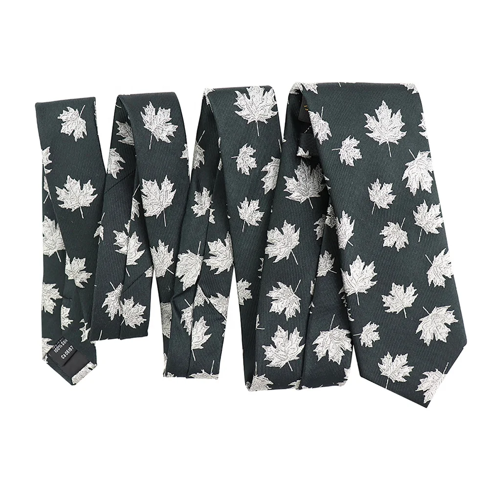 China Supplier Wholesale Customized Mens Necktie Falling White Maple Leaf Dark Green Jacquard Twill Men Custom Silk Tie Woven