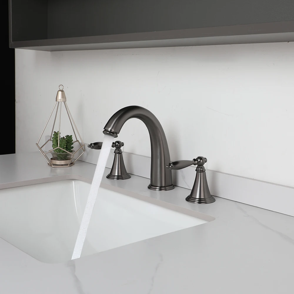 Bathroom Gun Metal Basin 3pcs Copper Faucet Deck Mounted Mixer Tap 2 handles