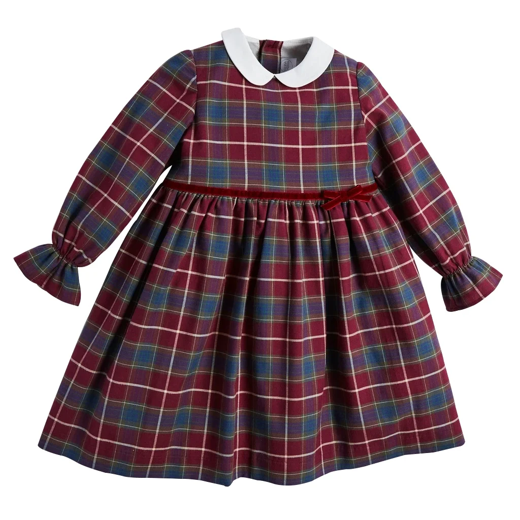 Baby Girl Fall Long Sleeve Traditional Burgundy Tartan With Velvet Decoration Dress Boutique Little Girl Ruffle Frock