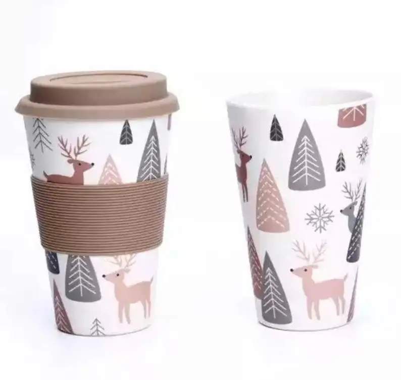 Eco-friendly wholesale custom logo reusable bamboo fiber cups coffee drink mugs travel cup with silicone lid