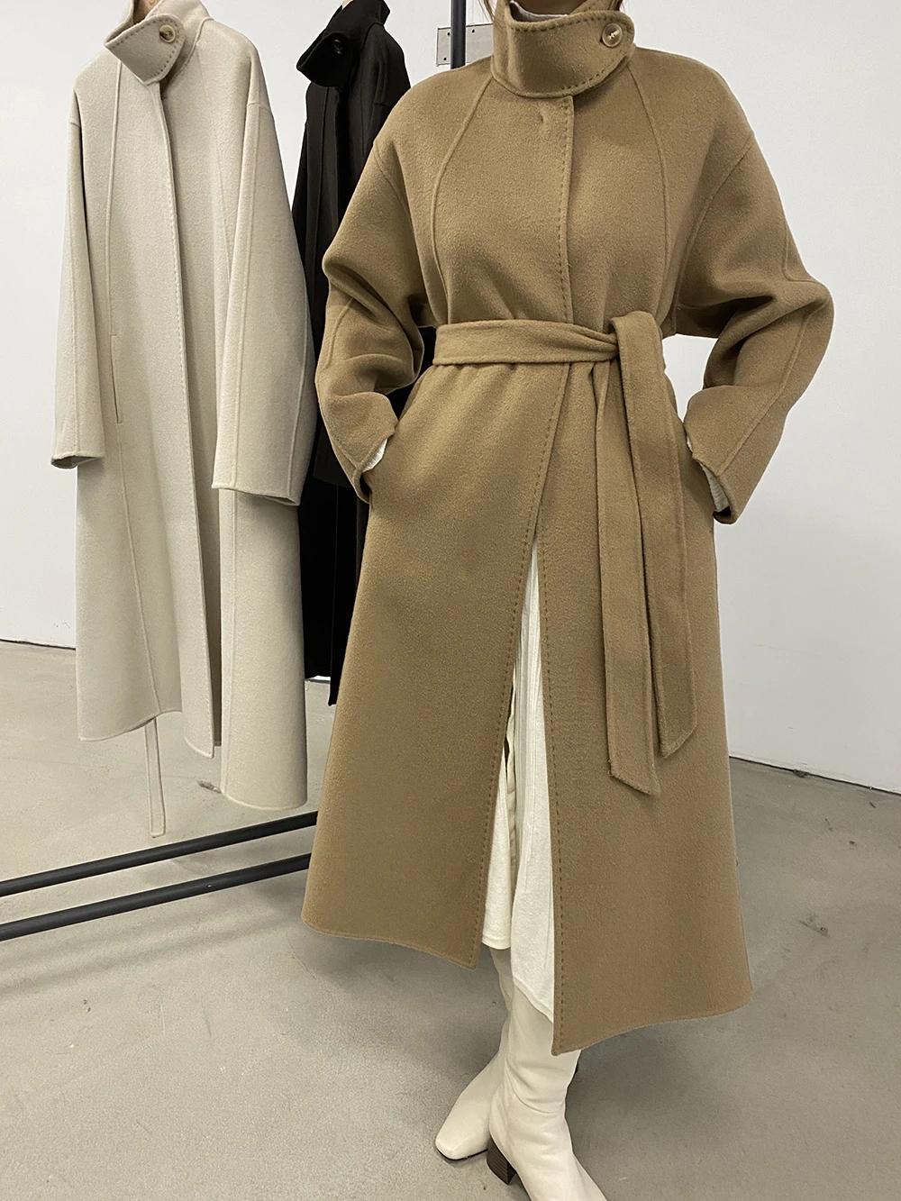 premium workmanship office lady luxury long camel beige double sided 100% wool trench coat for women