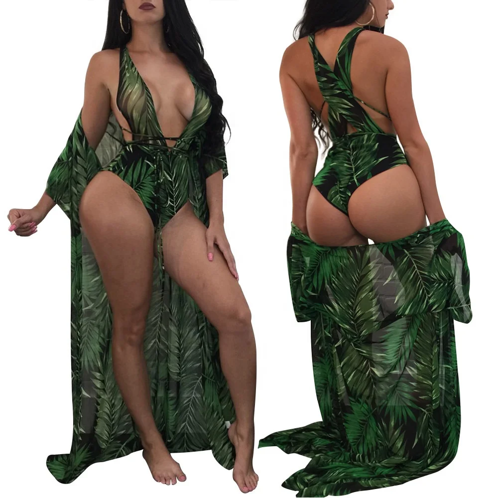 Cover Ups Swimwear Deep V  Two Piece Swimsuit Women Leaf Printing Bathing Suit Cover Ups For Woman