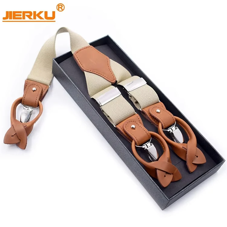 Custom Design Logo 3 Clips Genuine Leather Braces Y-Back Shape Men Stretch Elastic Suspender with Gift Box