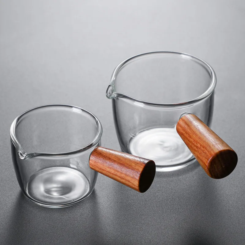 Measuring Shot Glasses Double Spouts Espresso Liquor Glass Cups Clear Round Beakers with Wooden Handle for Milk Coffee Tea