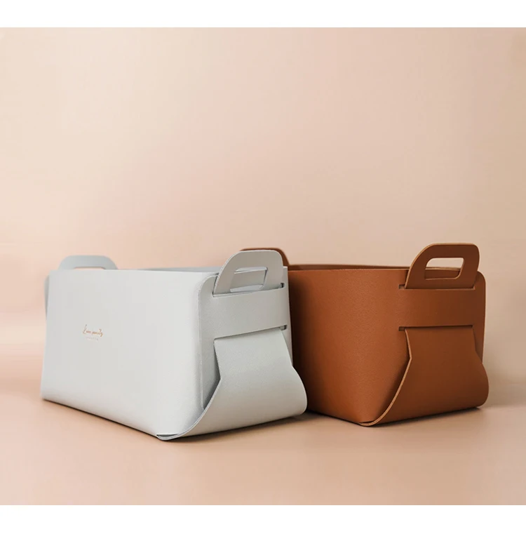 Small Basket Bin Leather Storage Basket, Foldable Shelf Desk Organizer Trays for Living Room, Office, Nursery, Home Decor