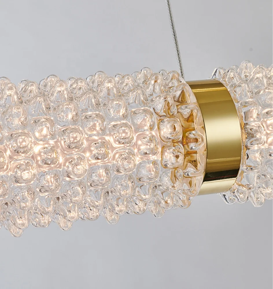 2023 New Modern golden crystal glass Cylindrical strip type LED villa pendant lamp dining table glass chandelier