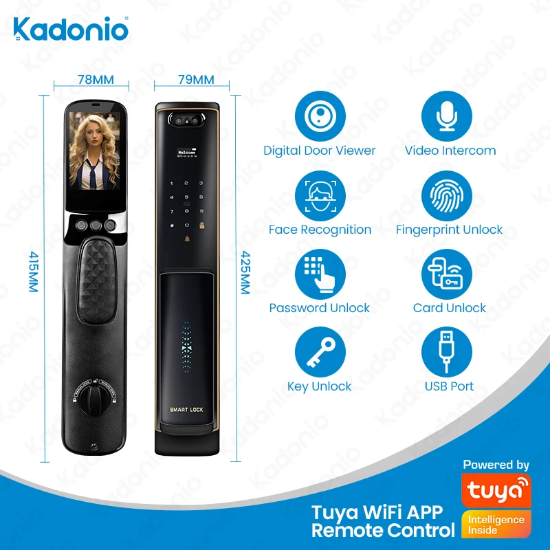 Kadonio Built-in Camera APP Remote Control Fingerprint Face Recognition Smart Door Lock With Doorbell