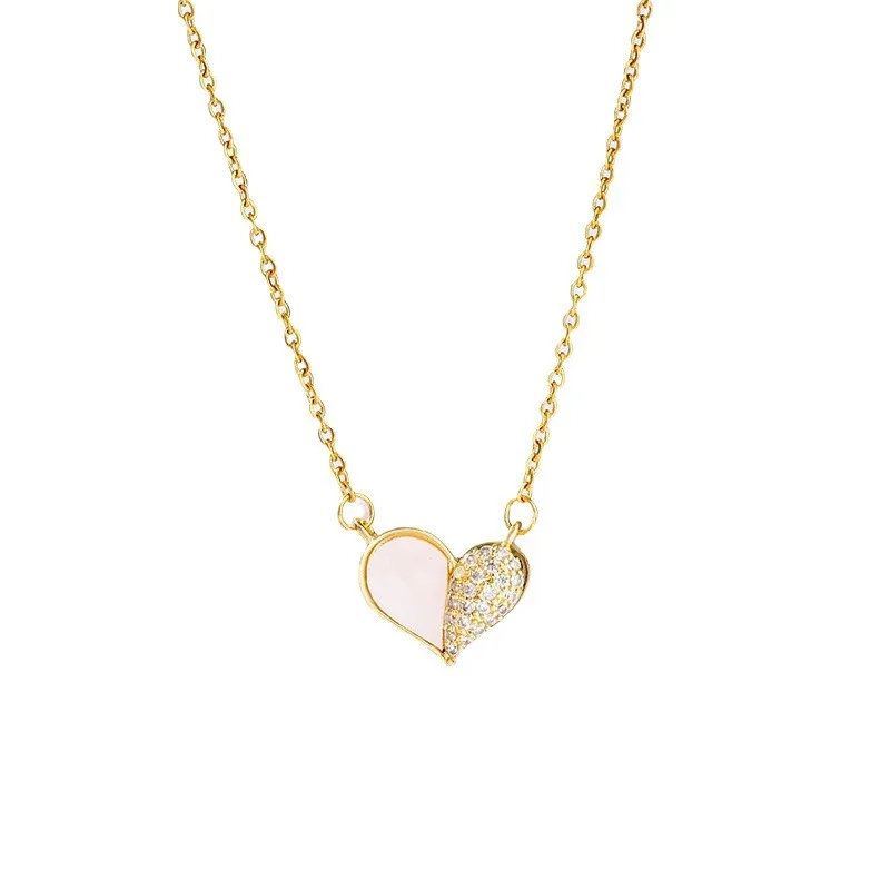 Korea Designed Heart-Inlaid White Shell Pendant Necklace 18K Gold-Plated Clavicle Chain Stainless Steel Jewelry for Women Gifts