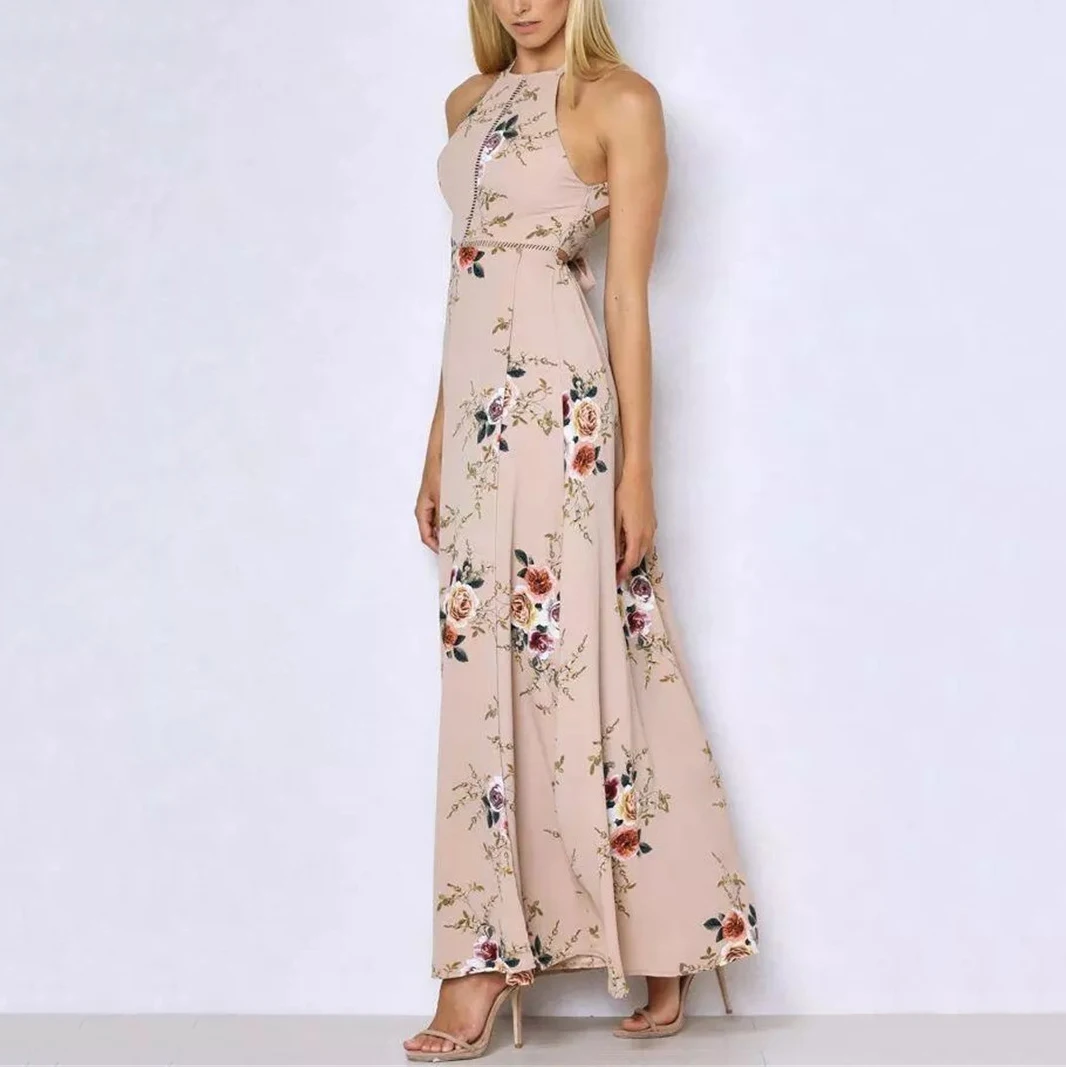 Ladies Open Back Long Skirt Silk Chiffon Casual Evening Dress O-neck Print Plus Size Dress