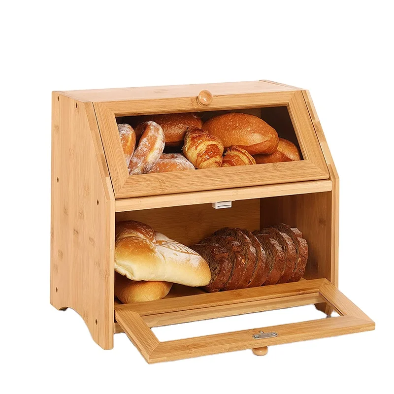 Large Bamboo Two-layer Bread Box Square Wooden Food Storage Bin with Multifunctional Design and Lacquer Technics
