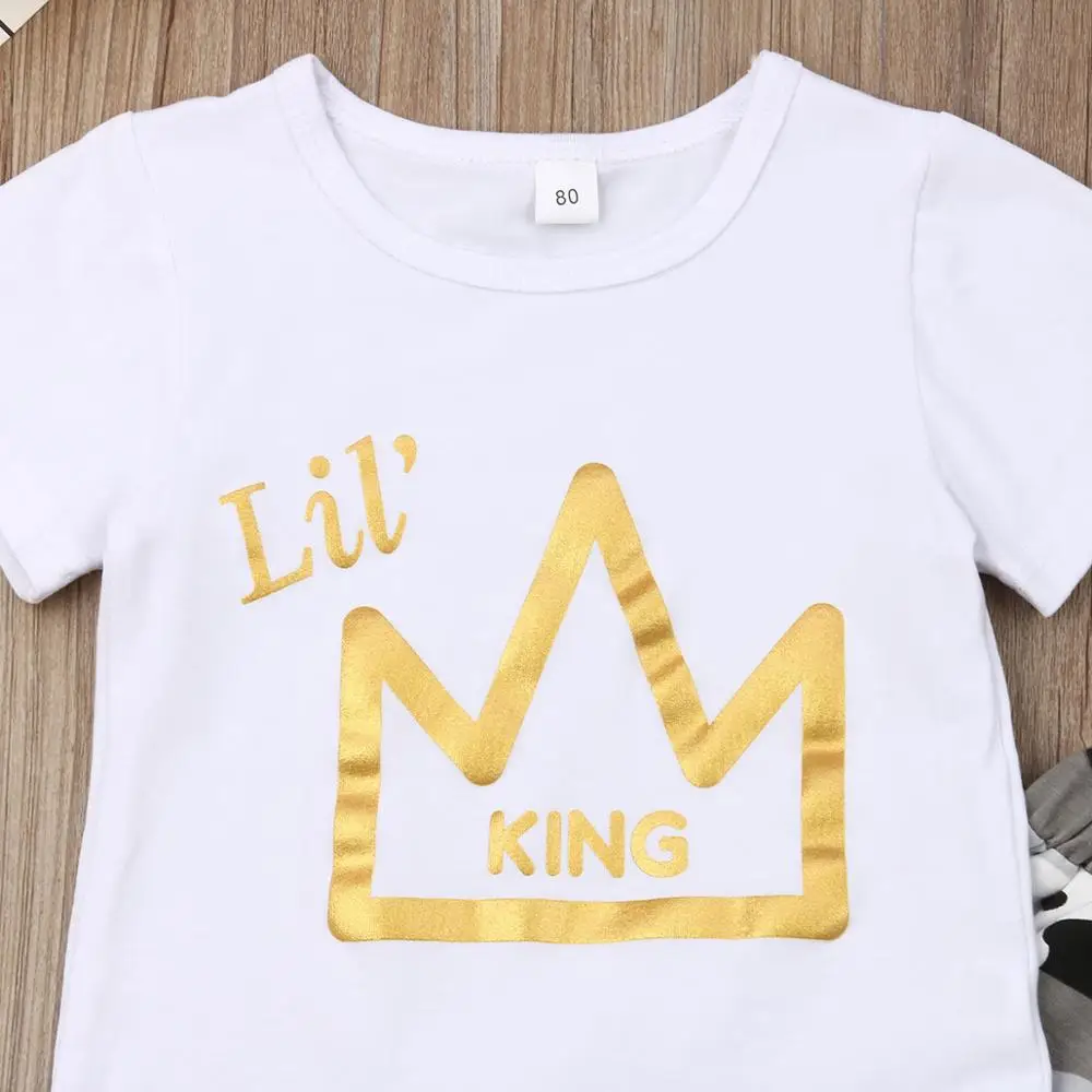 2019 new hot selling crown pattern camouflage pant two piece modern natural baby summer clothes for 1 year old boy