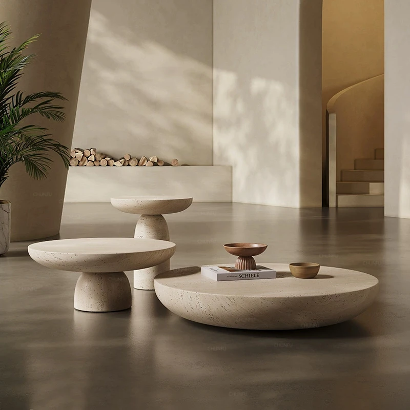 Nordic style modern minimalist home furniture round table creative living room marble beige stone travertine coffee table