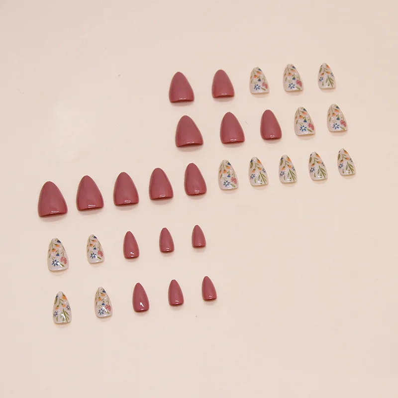 30pcs Bean Sand Small Flowers Almond Coffin Acrylic False Nails Set DIY Salon Faux Nails
