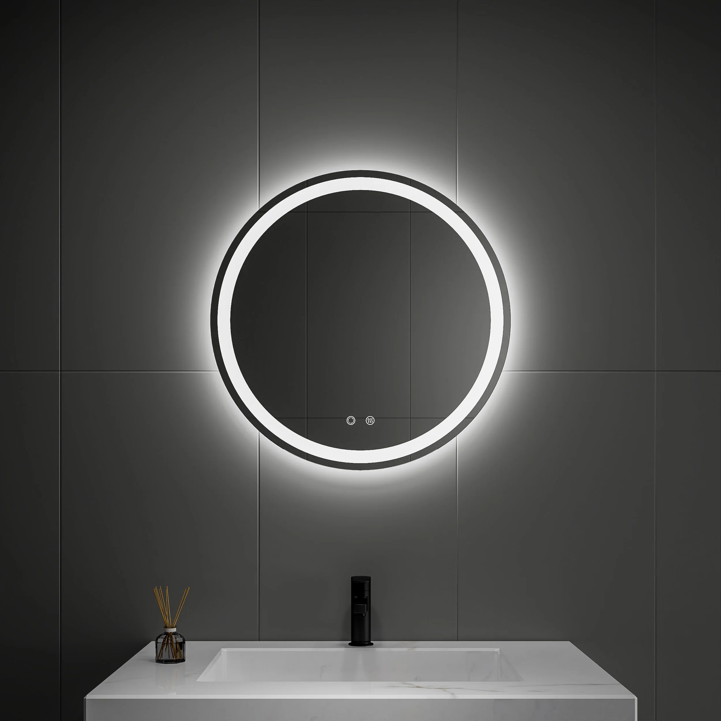 24 Inch Front Backlit Stepless Dimmable Anti-Fog Smart Mirror Touch Screen With Light Round Led Bathroom Mirror