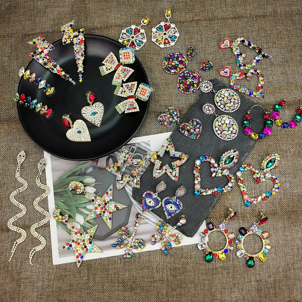 New Trendy Gemstone Multicolored Crystal Rhinestone Women Drop Dangle Earrings Statement Heart Star Snake Butterfly Earrings