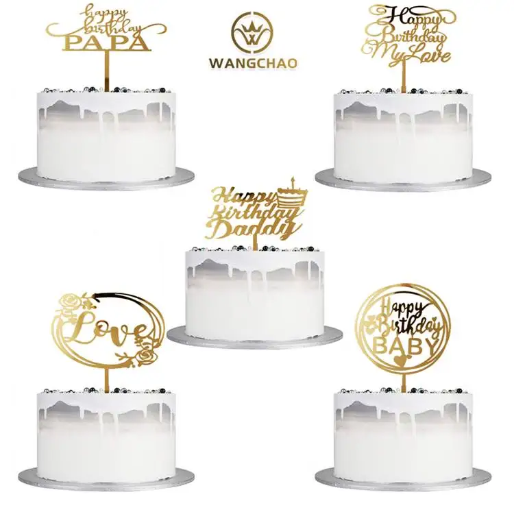 Gold Acrylic Happy Birthday Topper ROMANTIC RAIN Papa Daddy Dad Cake Decoration Backing Accessories Party Supplies