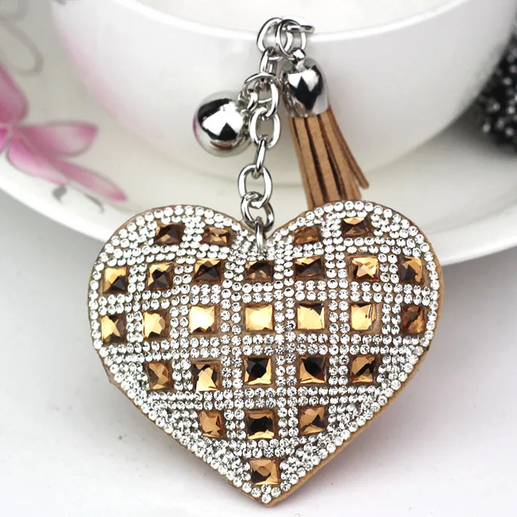 Hot Selling Fashion Korean Velvet Glass Rhinestone Bling Sparkling Peach Heart Keychain For Car Keys