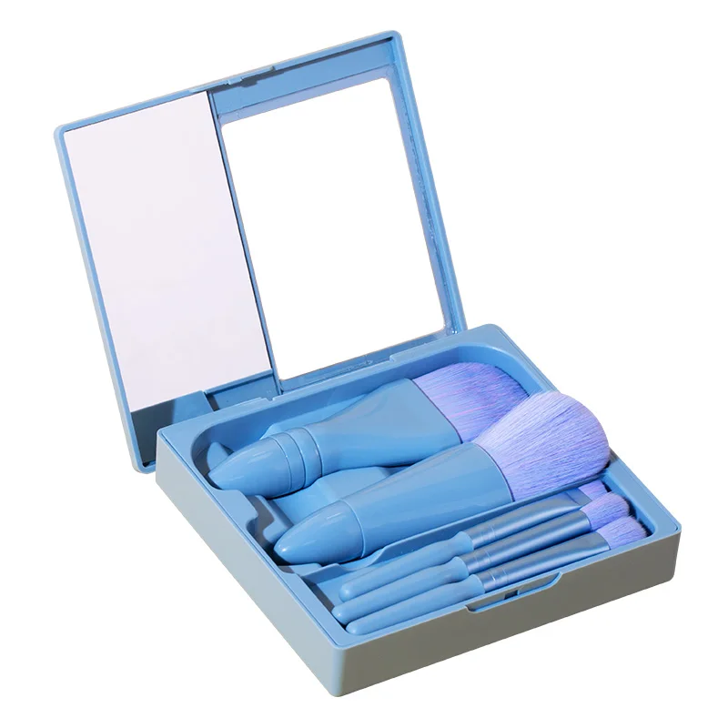Travel Size Small Facial Cosmetic Brush Makeup Brushes Mini Set 5 Pcs With Hard Case and Mirror