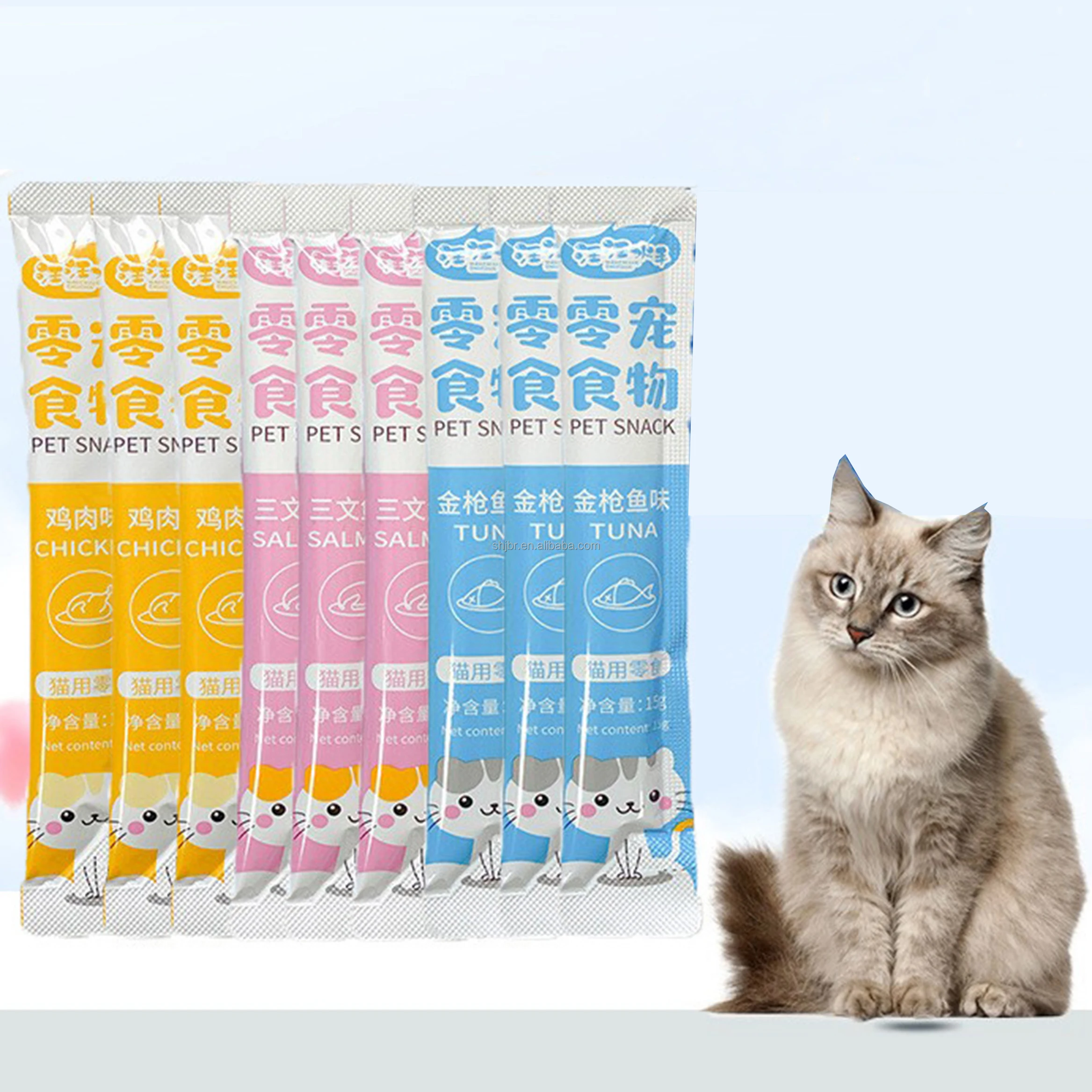 Factory Wholesale 15g Cat Strips Chicken/tuna/Salmon flavors Kittens Snack Treats wet cat food Cat Treats private label