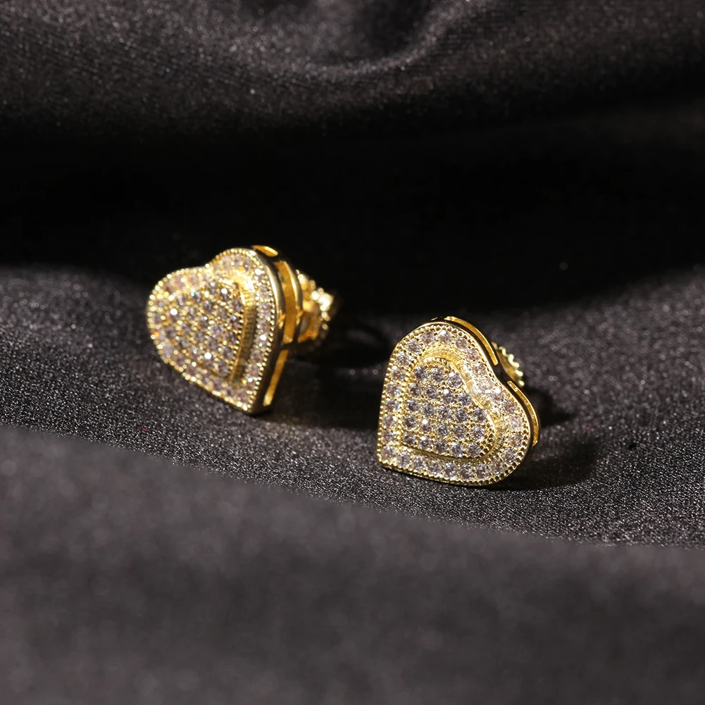 Hip hop 925 sterling silver earrings full cz paved heart shape silver stud earrings luxury jewellery for men