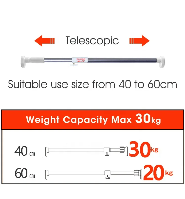 
BAOYOUNI 40-60cm Diameter 25.4/22mm Metal Telescopic Closet Hanging Rod Wardrobe Retractable Adjustable Clothes Rod No Drilling 