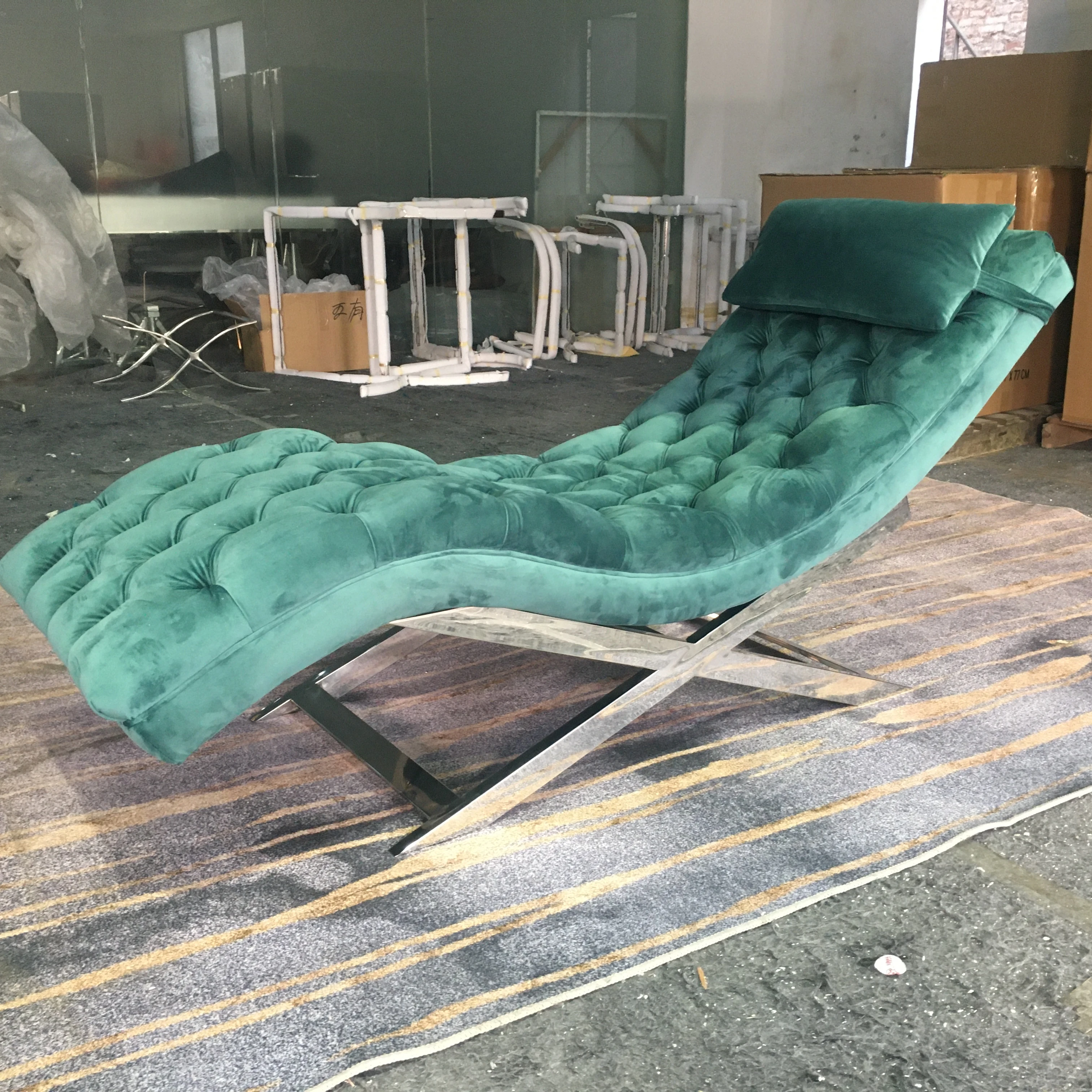 green color buckle tufted velvet and stainless steel base recliner