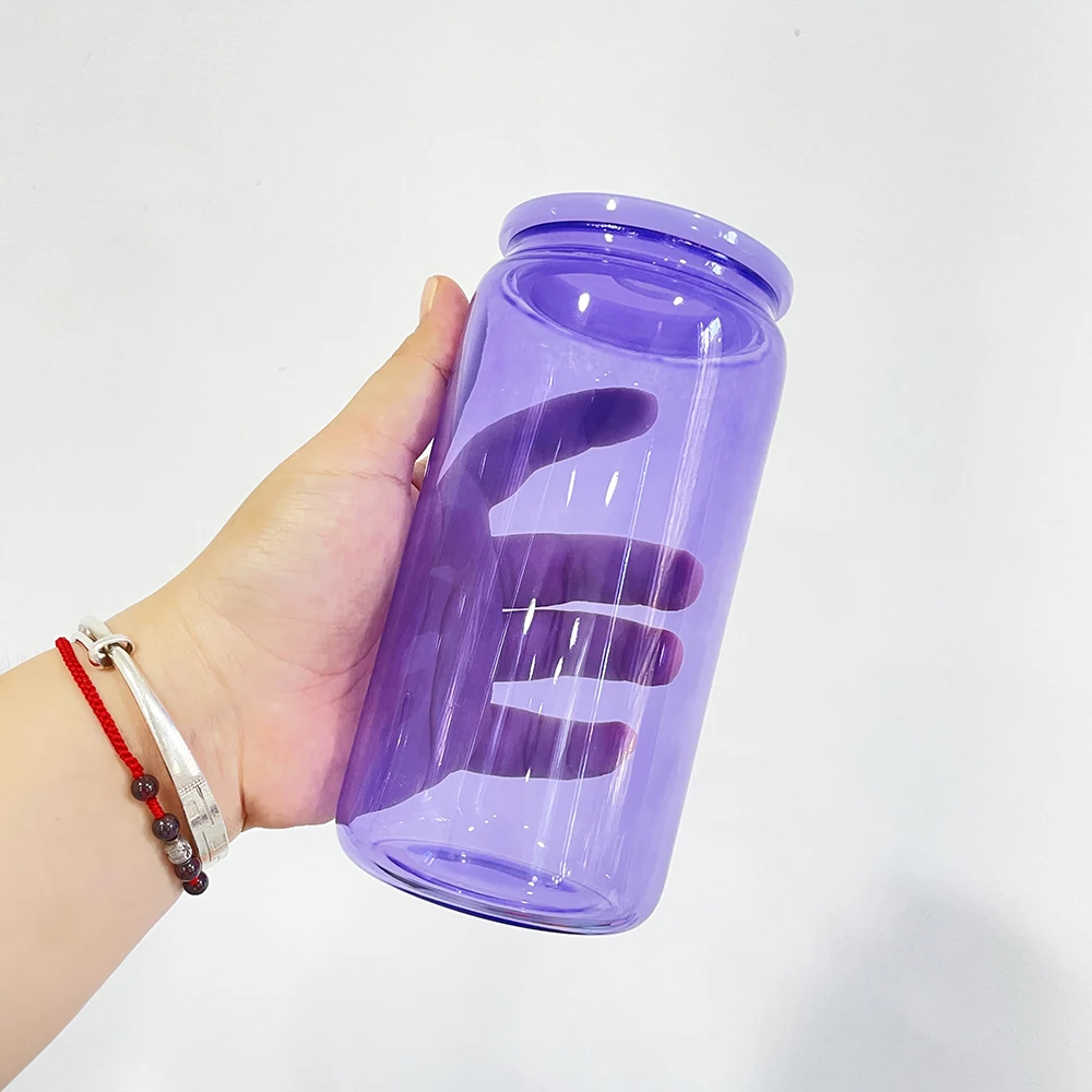 In Stock Colorful 16oz Beer Soda Glass Can with Plastic Lids USA Warehouse Colored Transparent Glass Can Shaped Drink Ware