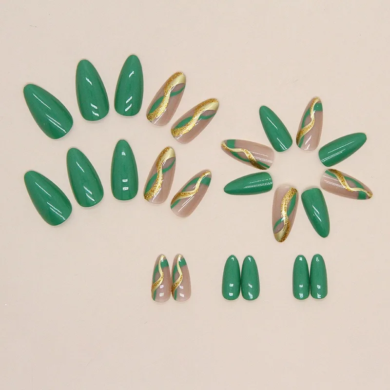 Ripple Ribbon Fashion Fake Nails Wearing Nails Gold Natural and Fresh Green Finger ABS French Full Cover Hard Gel Nail Press on