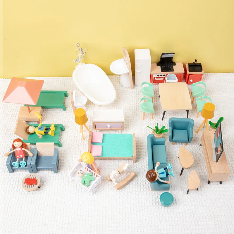 Wooden Dollhouse Furniture Set 40pcs Furnitures with 4 Family Dolls Dollhouse Accessories Pretend Play Toys for Boys Girls