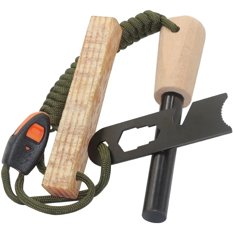EDC Outdoor Gifts Custom Wood Handle Ferro Rod Fatwood Fire Starter for Camping Fire Kit