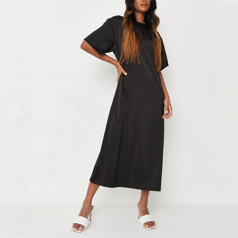 Custom wholesale simple summer short sleeve women black oversized satin mid t shirt dress