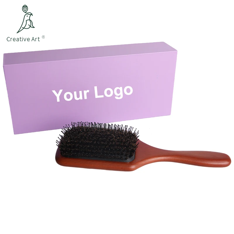 Customized Logo Packaging Brown Boar Bristle Nylon Wooden Handle Hair Extension Paddle Brush Set with Luxury Box