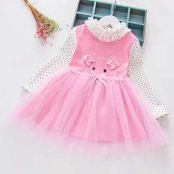 Girls winter one-piece dress Chinese style bear embroidered princess dress plus velvet thickening baby girl skirt