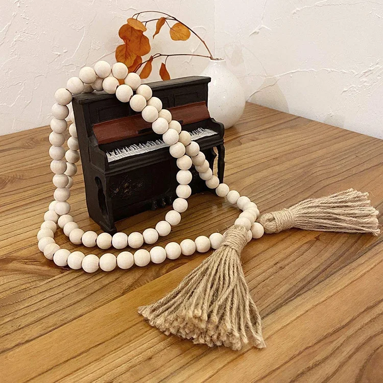 58in Wood Bead Garland with Tassels Farmhouse Beads Rustic Nature Country Decor Prayer Boho Beads Wall Hanging Decoration