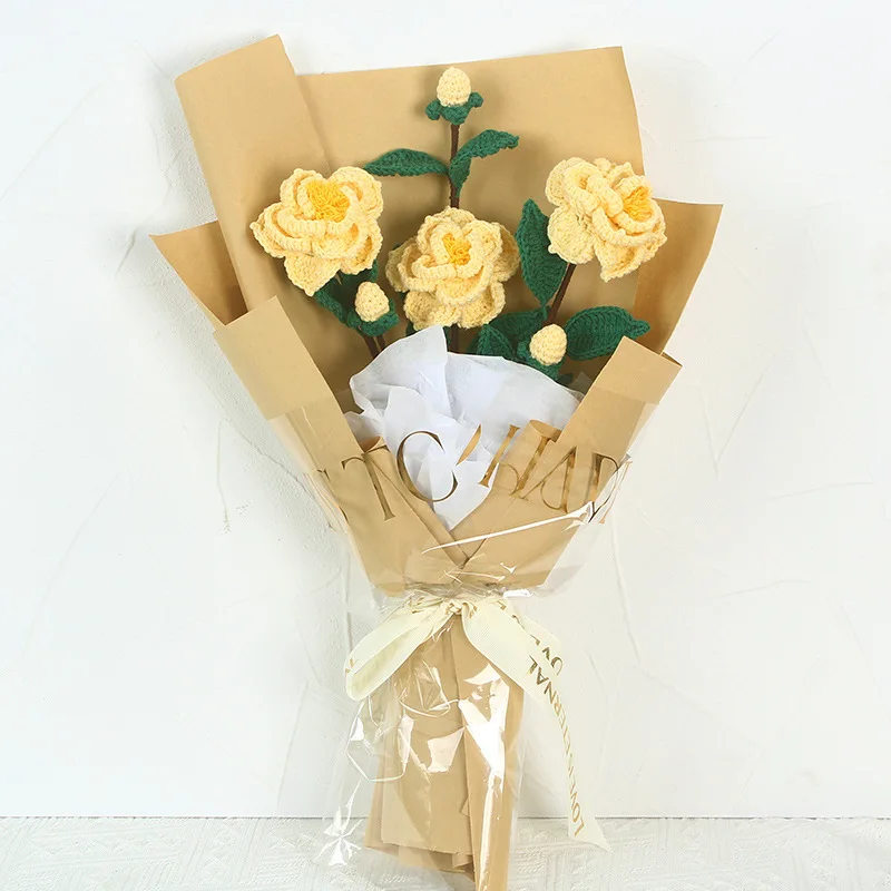 Hand-knitted yarn camellia decorate holiday gifts crochet flower DIY wool finished product