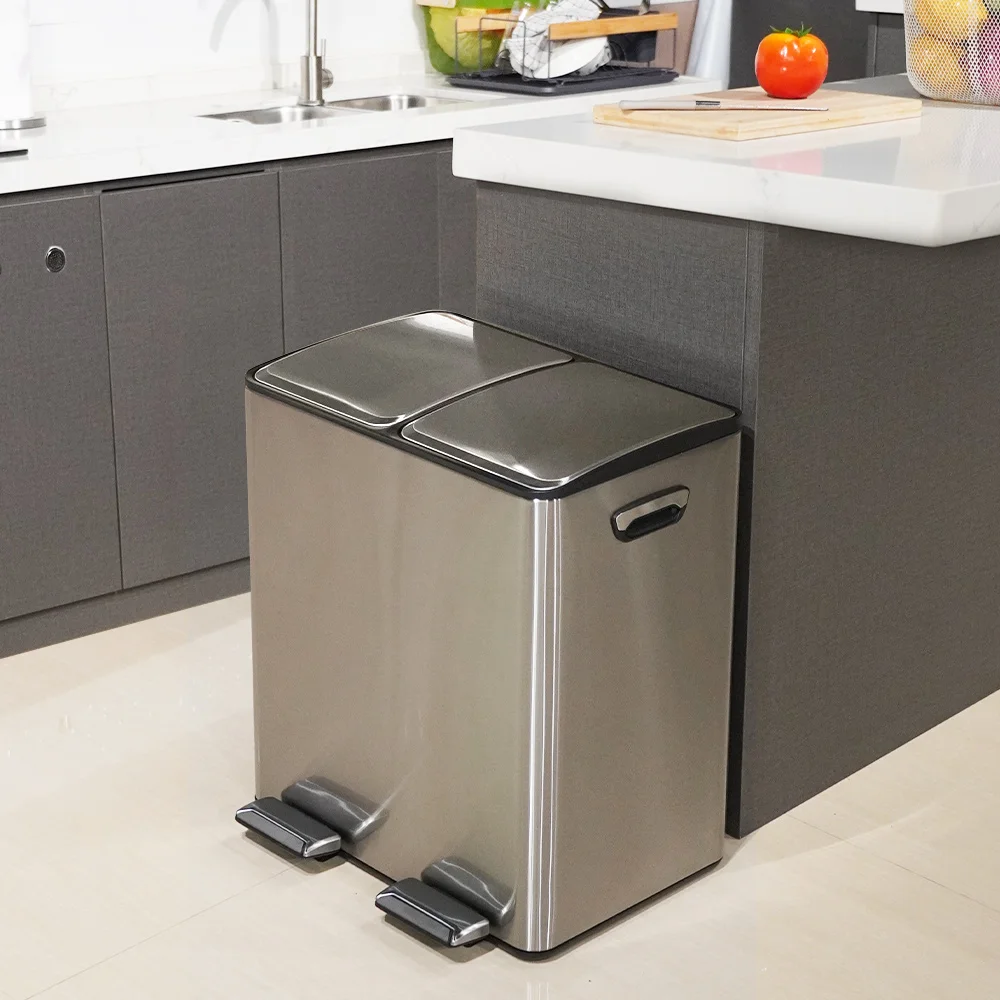 40L Rectangular Hands-Free Dual Compartment Recycling Kitchen Step Trash Can with Soft-Close Lid, Brushed Stainless Steel