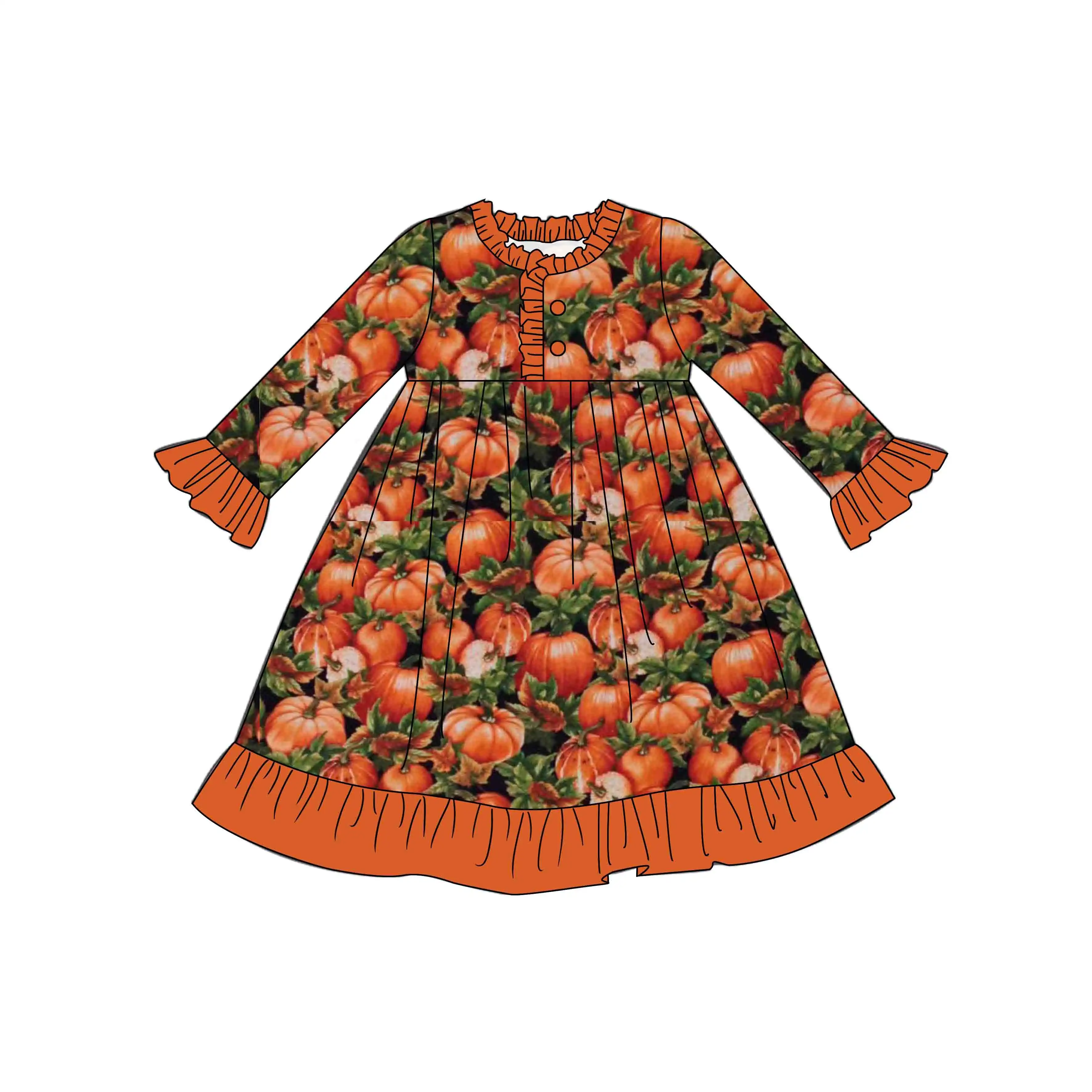 Custom autumn pattern kids girls twirl dress milk silk fabric long sleeve kids baby pocket dress