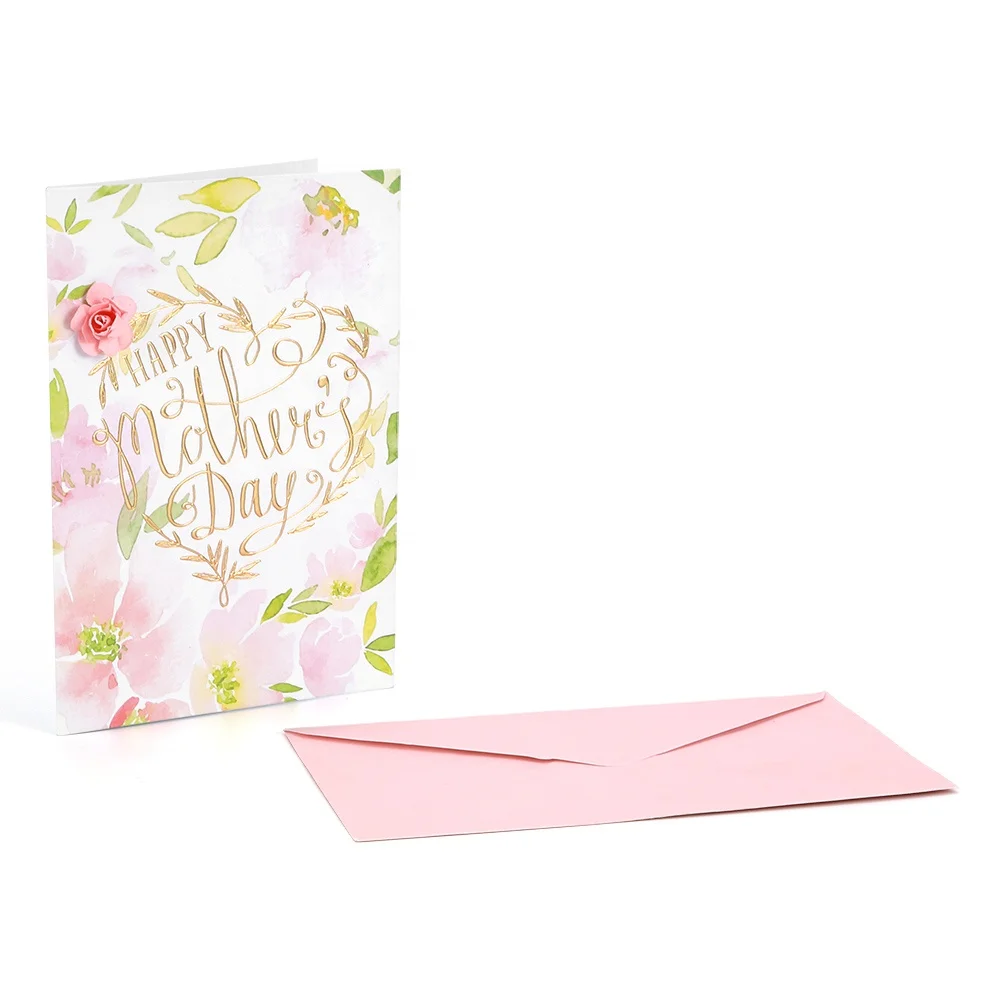 Custom Printing Handmade Rose Paper Flowers Gold Foil Happy Mothers Day Greeting Cards with And Envelopes