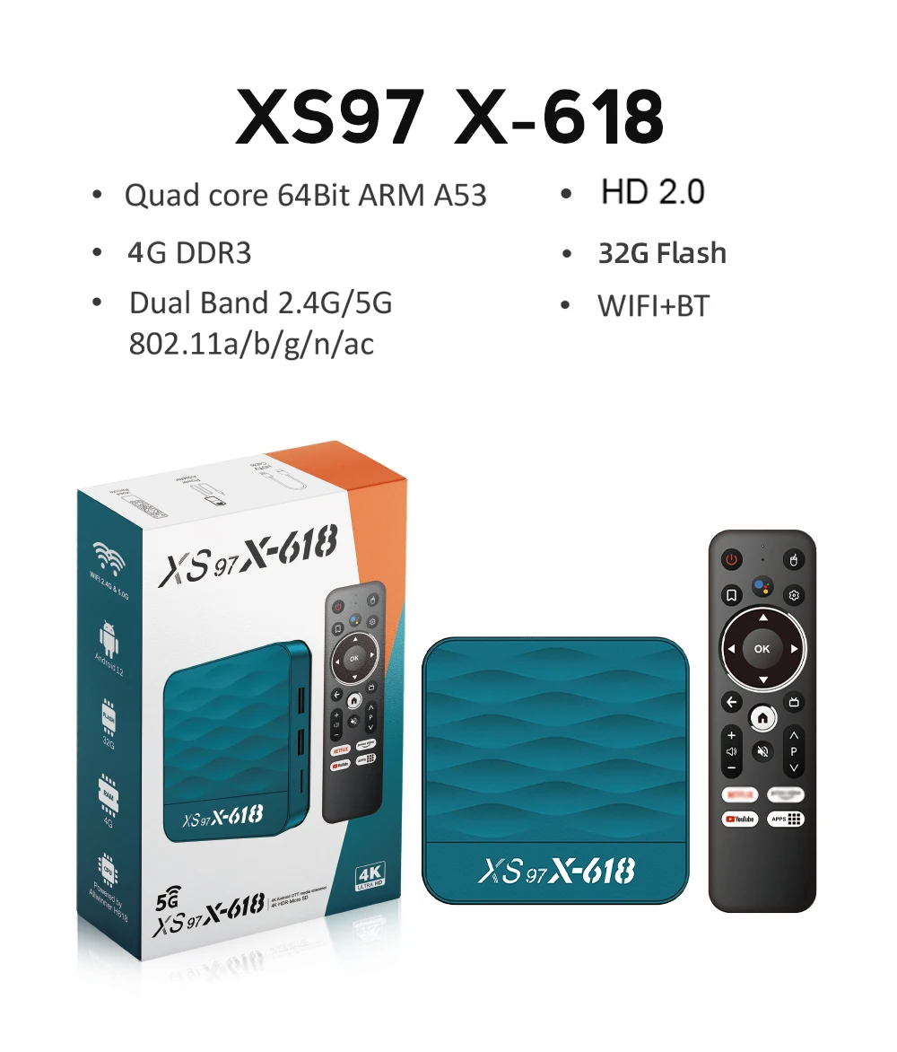 XS97 X-618 Allwinner H618 BT Remote SMART TV Online IPTV TV BOX 4K Streaming Player Android 12 4GB 32GB 5G Dual WiFi Set-top box