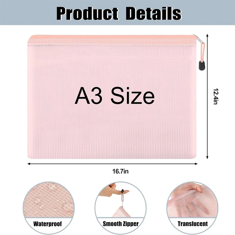 Waterproof A3 A4 Mesh Zipper Pouch PVC File Document Bag for Travel School and Office for Organizing