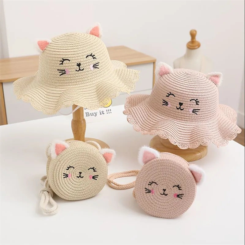 Fashion Cute Outdoor Foldable Wide Brim Grass Hats Kids Summer Beach Straw Sun Hat Wholesale All Bucket Hat and Purse Sets