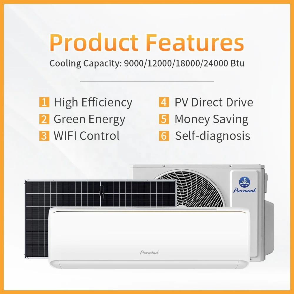 Puremind Climatiseur Solaire New Energy Solar Air Conditioner 9000Btu 1HP 48V Off Grid DC Aircon for Household Commercial Hotel