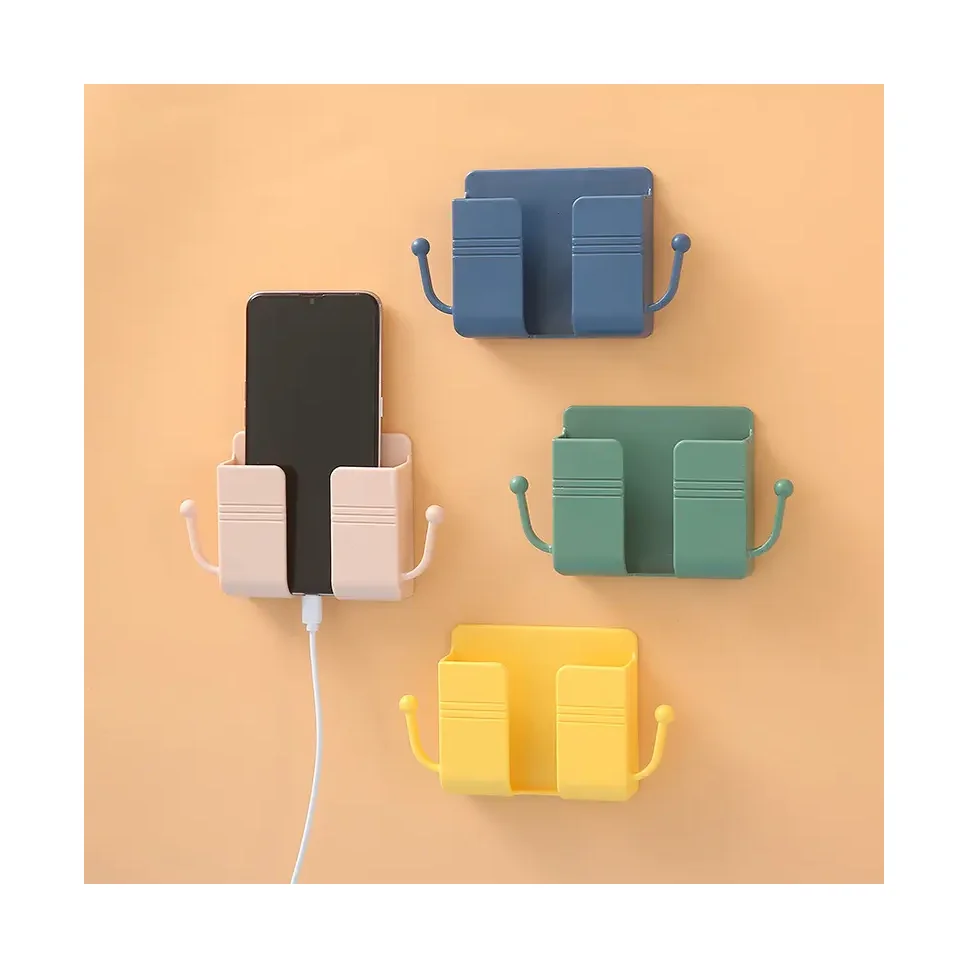 Phone Accessories Wall Mount Adhesive Mobile Phone Wall Charger Holder and Remote Control Stand Multipurpose Storage Box