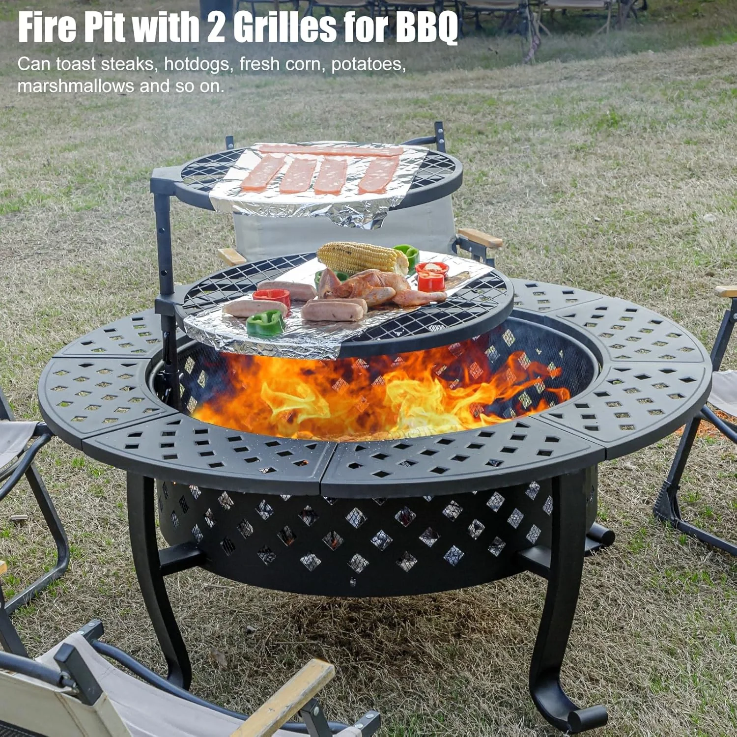 Hotsales 42 Inch Fire Pit, 2 BBQ Grills Wood Burning Picnic Party Pits Lid, Fire Poker Outdoor Firepit Outside Round Metal Table