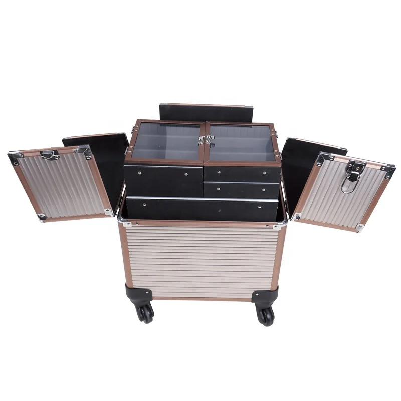 
4 in 1 Golden color Professional Aluminum Trolley Cosmetic Case 