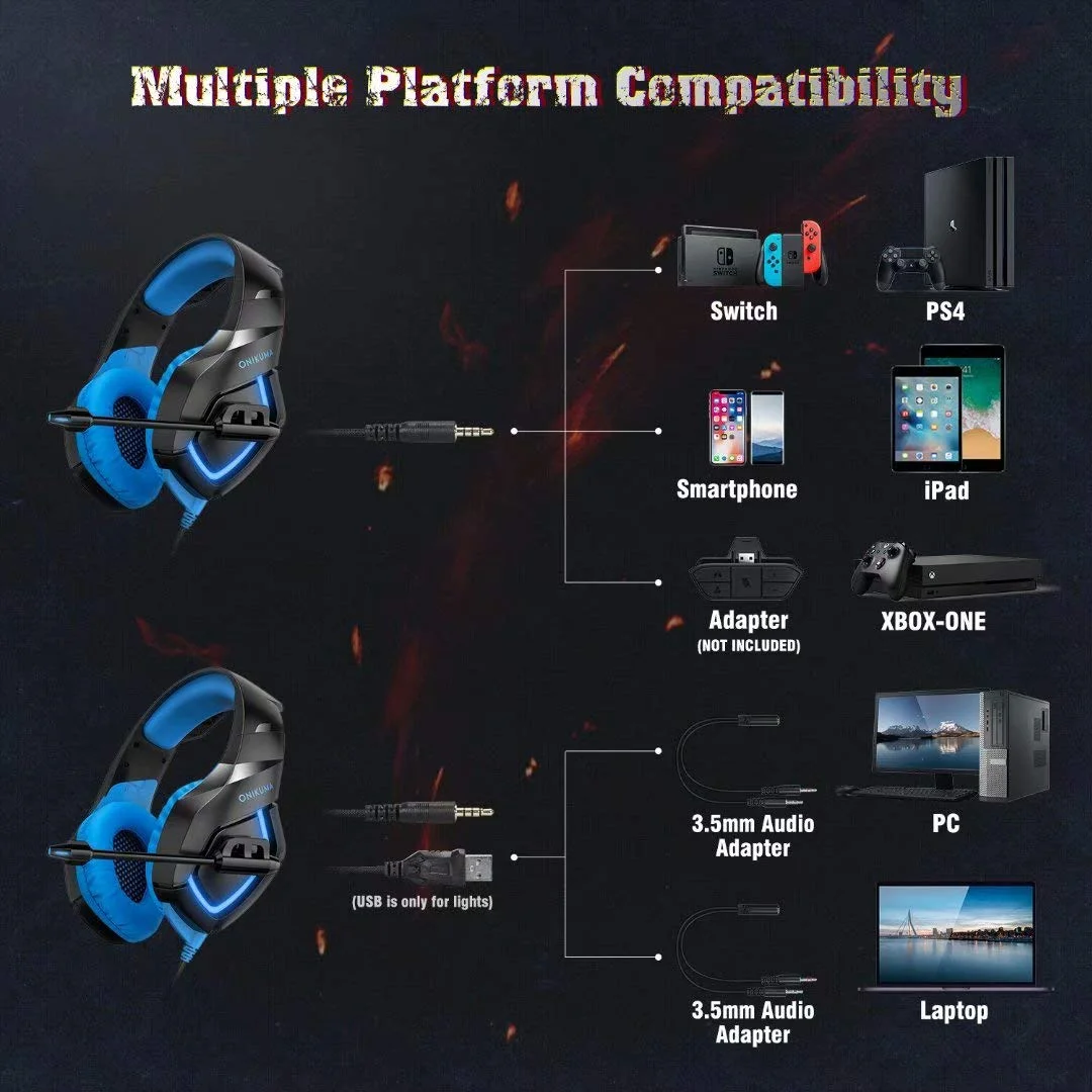 PC PS4 PS5 Gaming Headphones Blue Light 50mm Louderspeaker 3.5mm Interface K1B Gaming Headset Ready to Ship