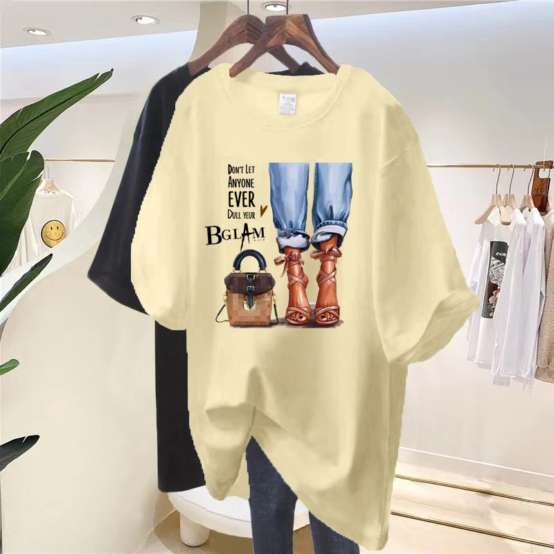 Wholesale custom 100 cotton shoes bags girls feet printing summer short sleeve t - shirt women 2024 new loose collar top