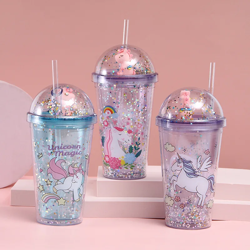 Doyoung Wholesale Cartoon Unicorn BPA Free Clear Double Wall Acrylic Tumbler Plastic Cup with Doll Dome Lid and Straw
